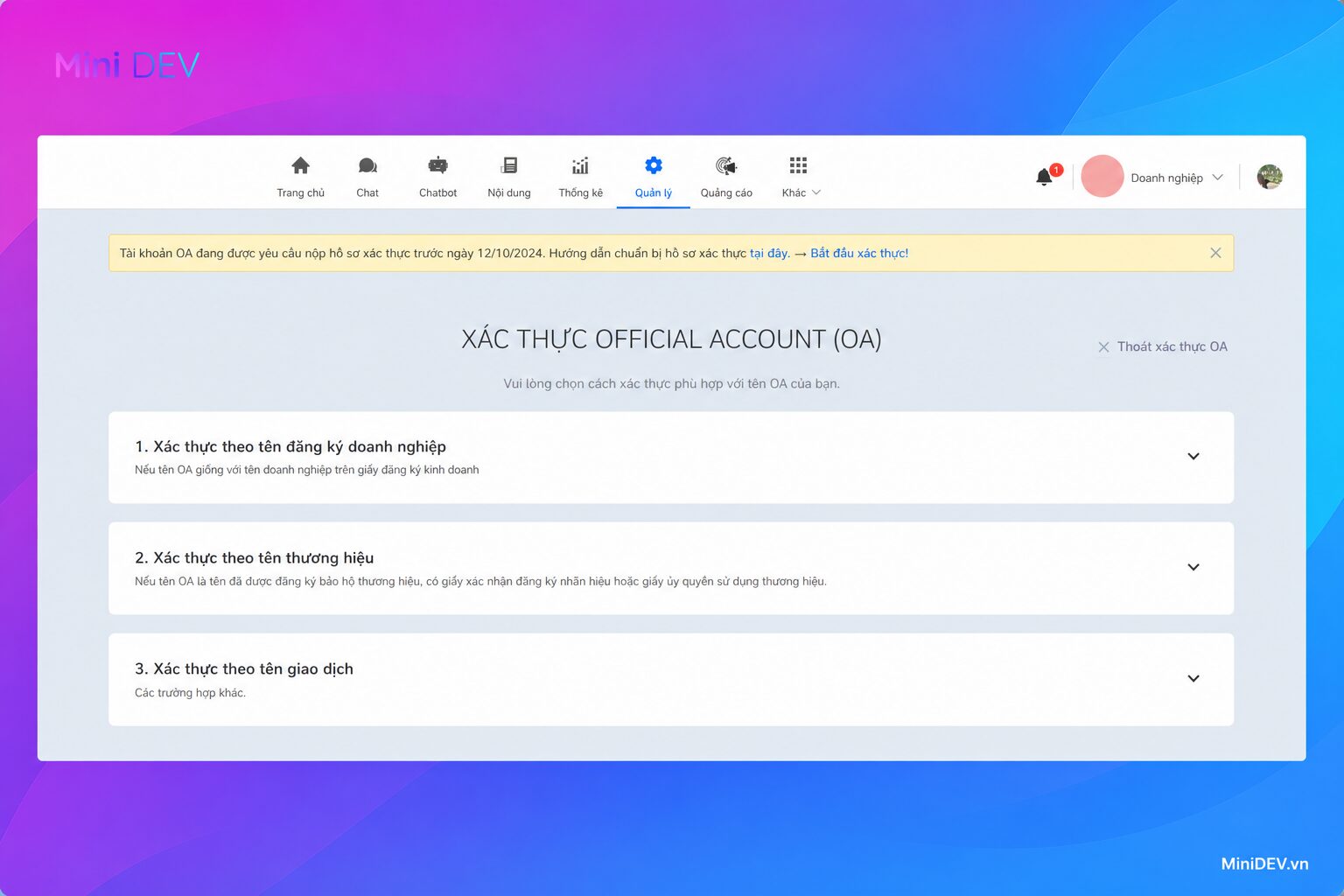 Bước xác thực tài khoản Zalo OA cho doanh nghiệp