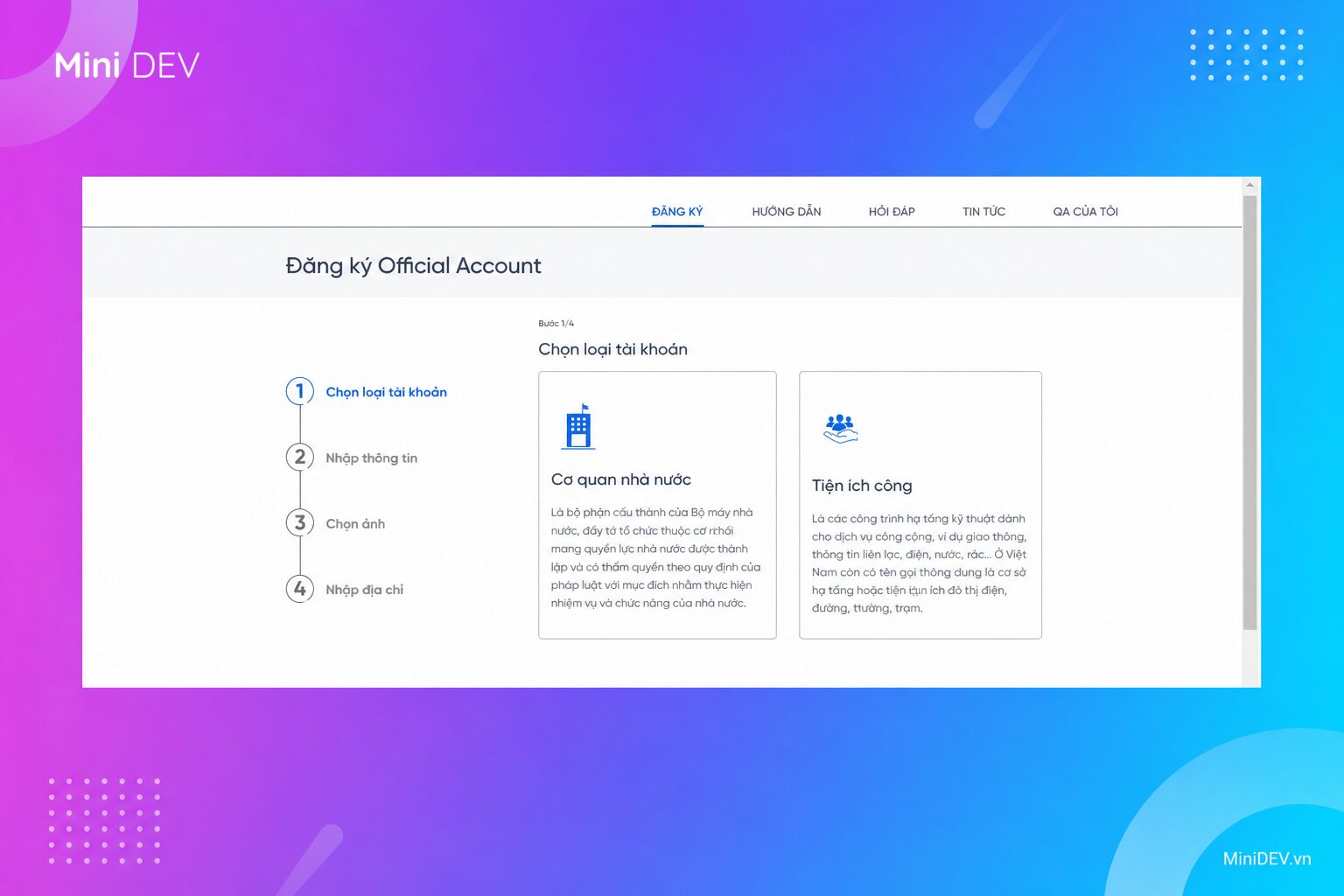 Chọn nhóm cơ quan nhà nước hoặc tiện ích công khi tạo Zalo page