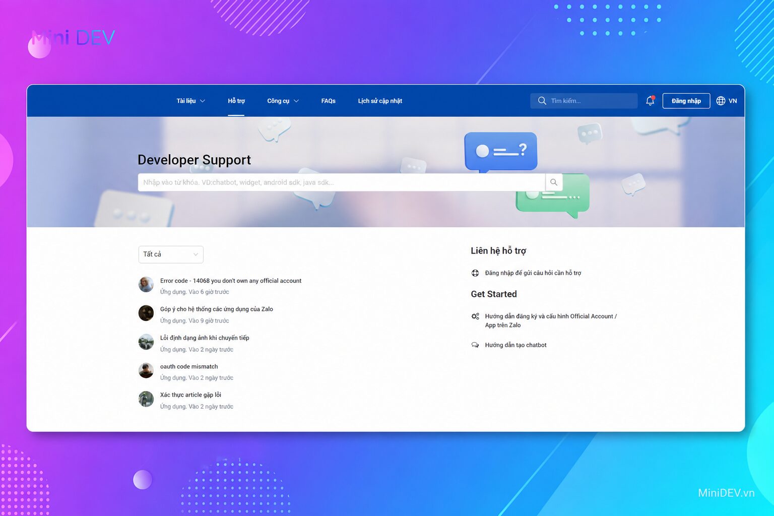 Giao diện hỗ trợ trực tuyến của Zalo Developers