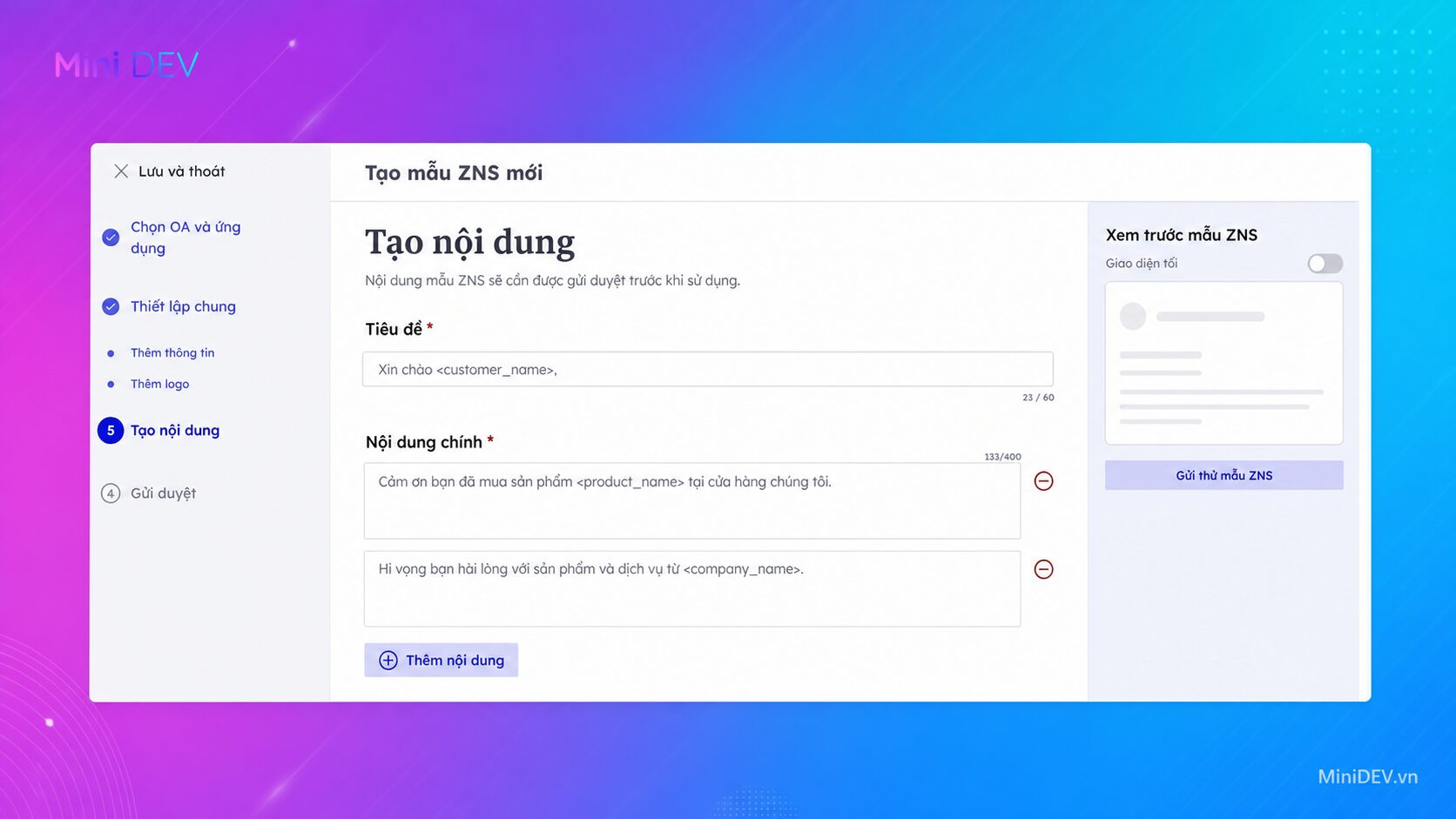 Giao diện tạo nội dung template tin nhắn ZNS