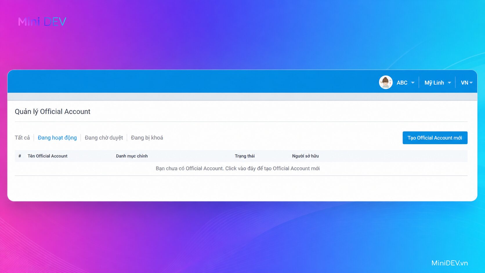 Giao diện tạo Official Account mới trên Zalo OA