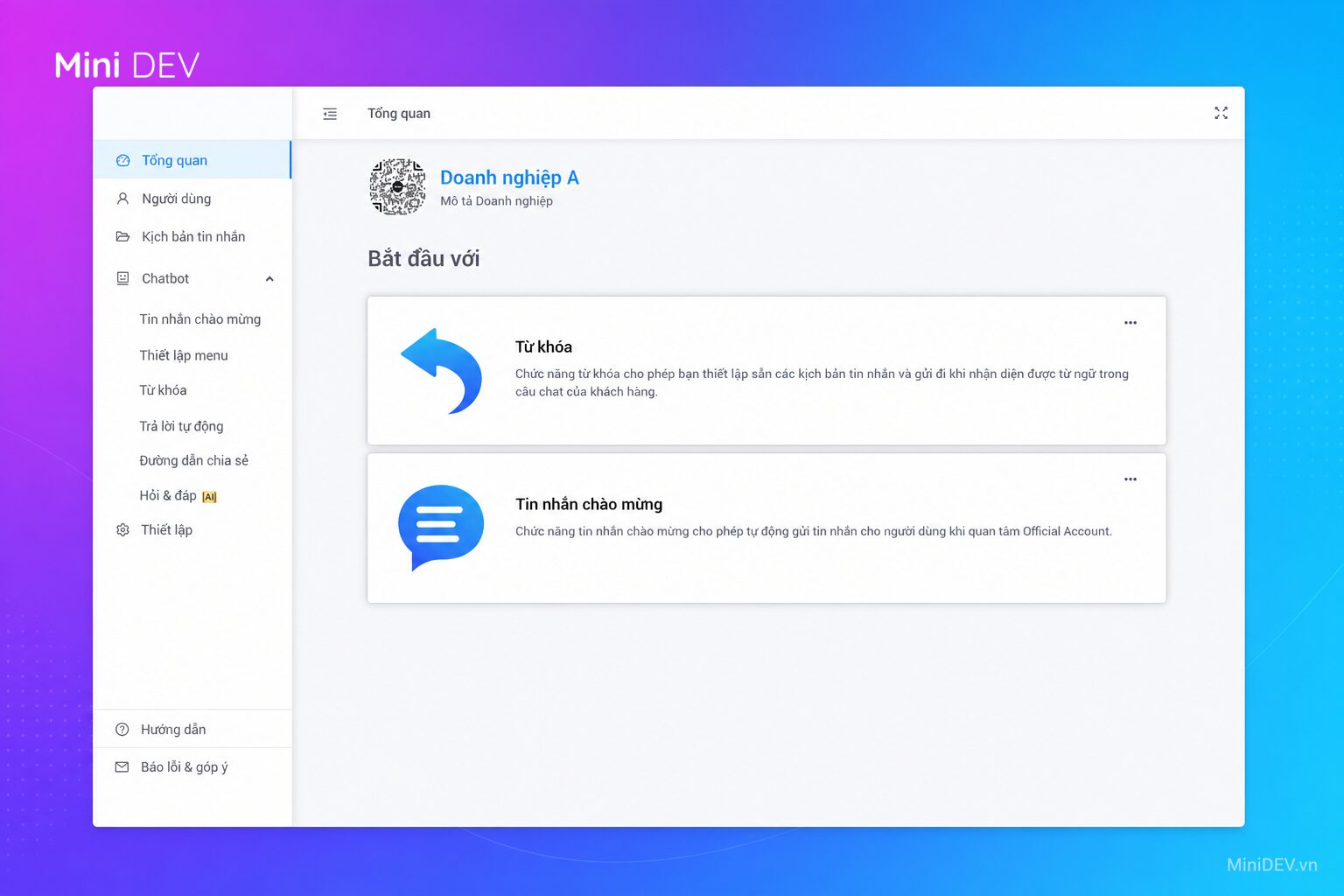 Giao diện tổng quan chatbot trong Zalo OA