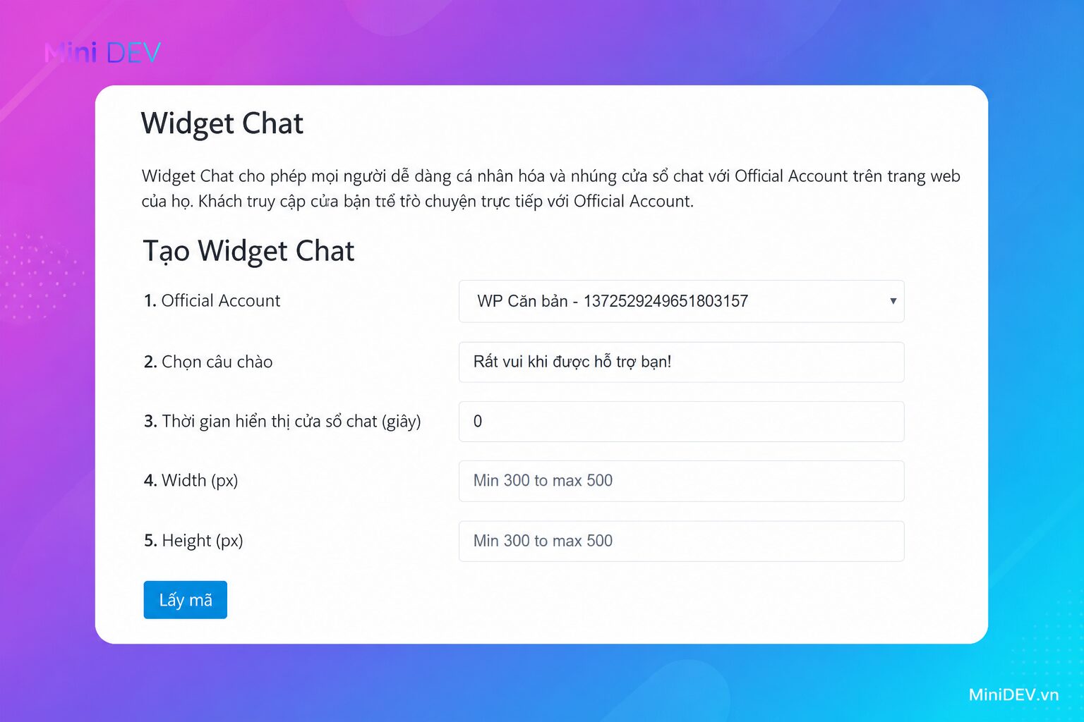 Lấy mã code widget Zalo chat