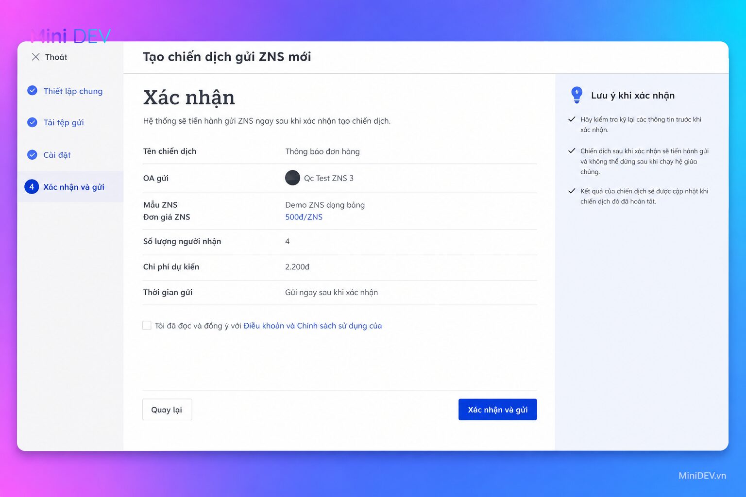 Màn hình kiểm tra và xác nhận chiến dịch ZNS trước khi gửi
