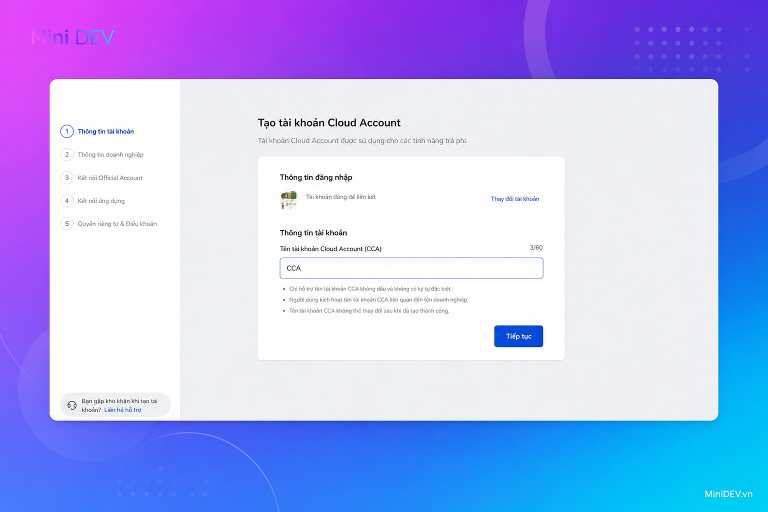 Màn hình tạo tài khoản Zalo Cloud Account