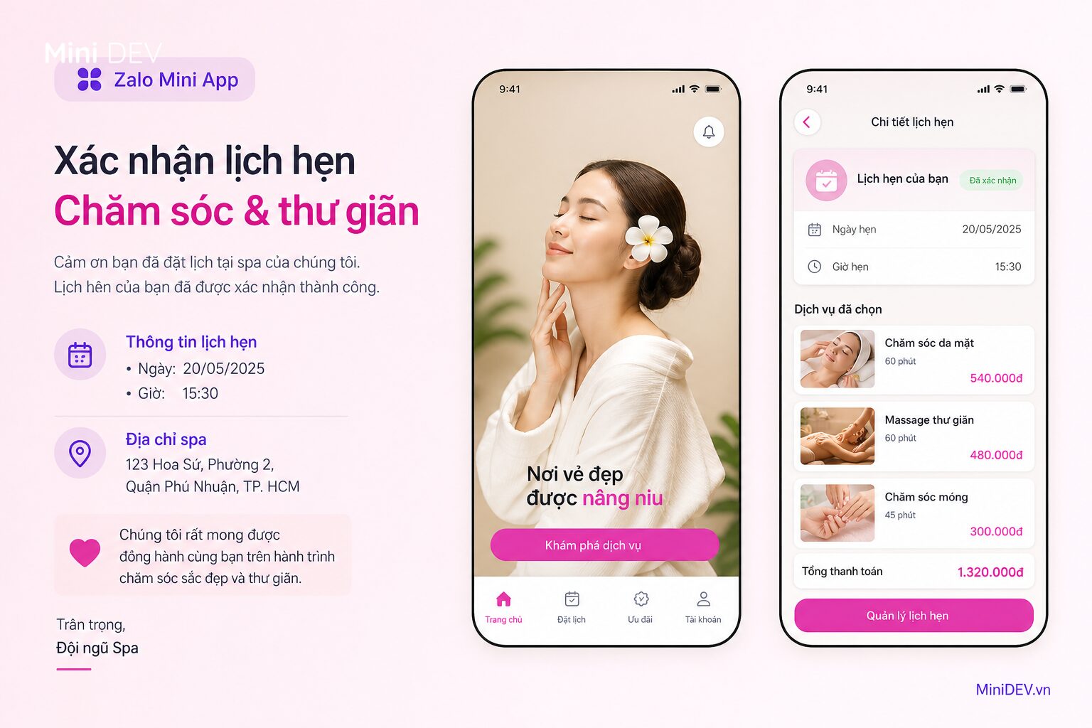 Mẫu tin nhắn xác nhận lịch hẹn tại spa