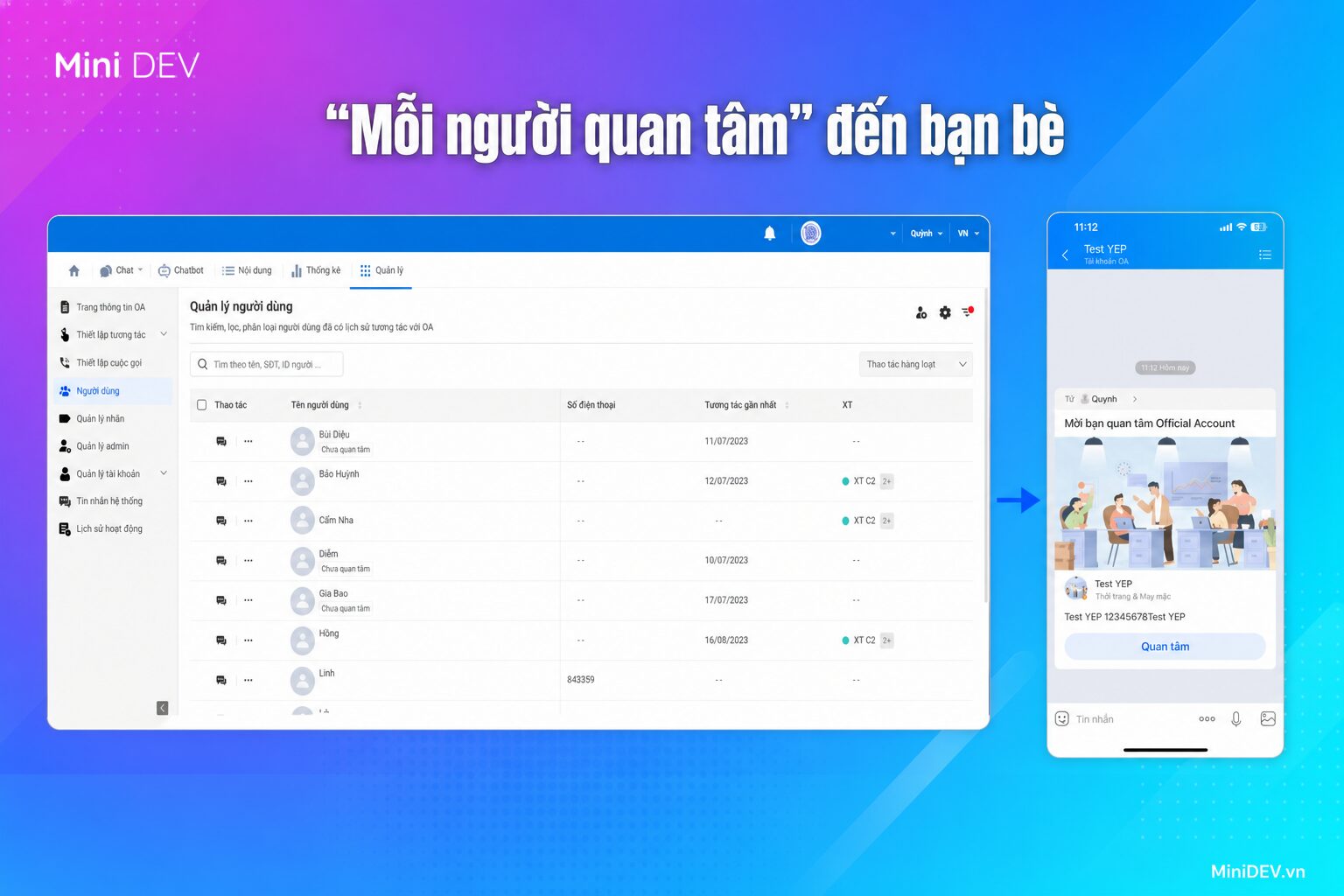 Mời bạn bè quan tâm Zalo OA từ tài khoản quản trị