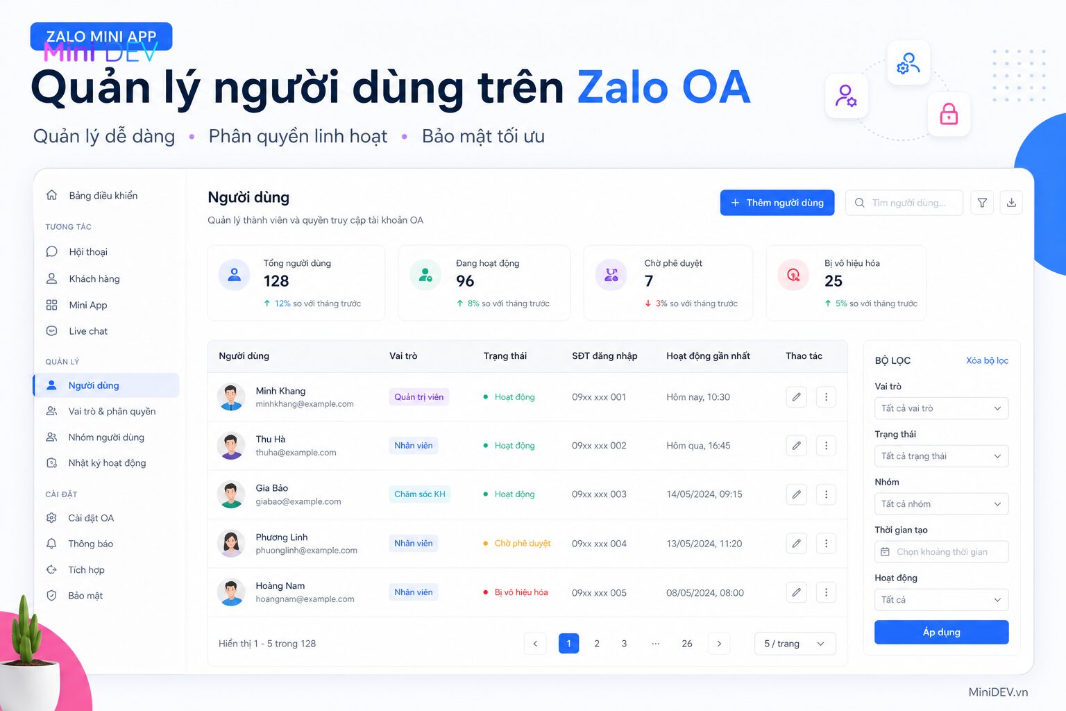 Quản lý người dùng bằng tài khoản Zalo OA xác thực