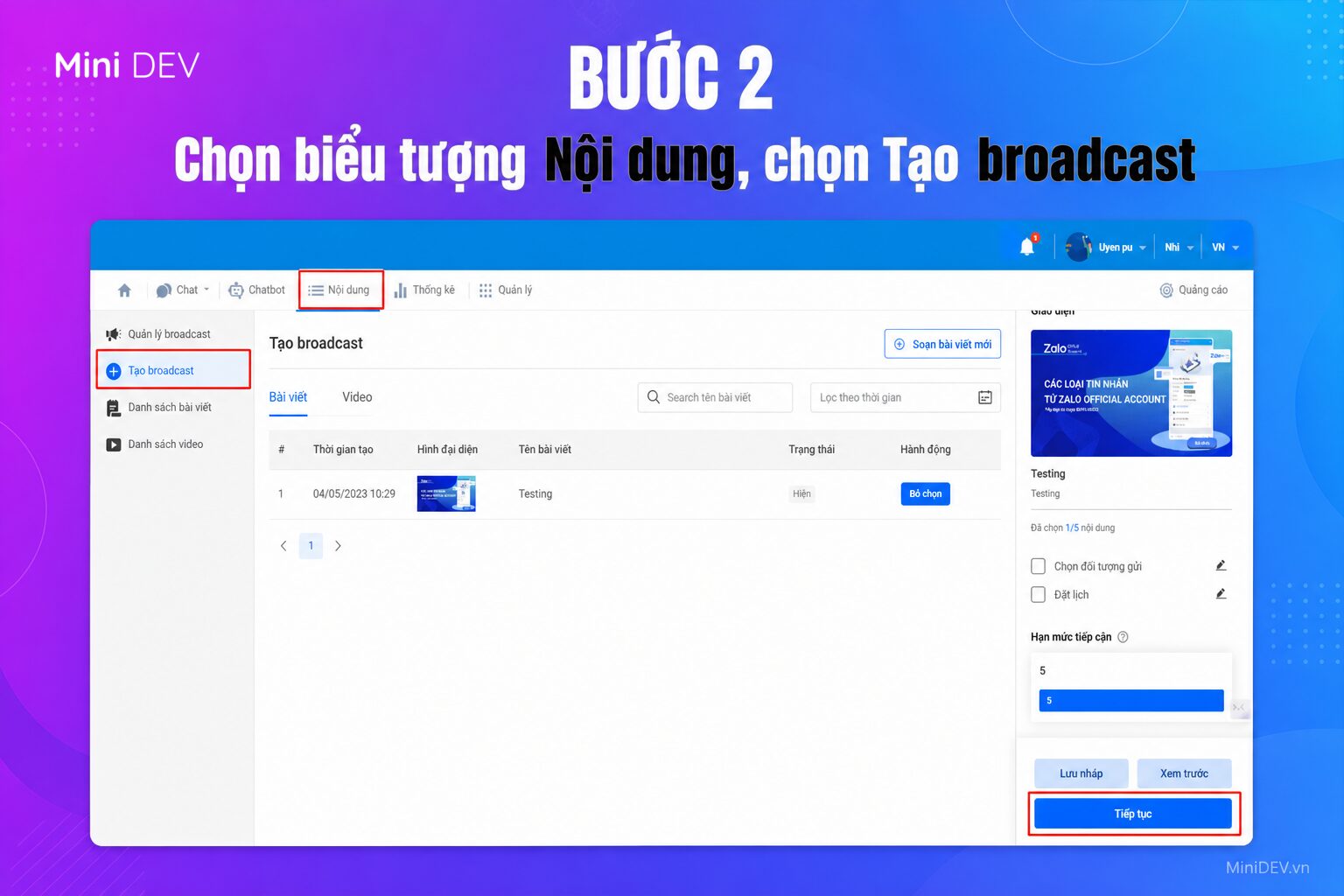 Tạo nội dung Broadcast trên Zalo OA