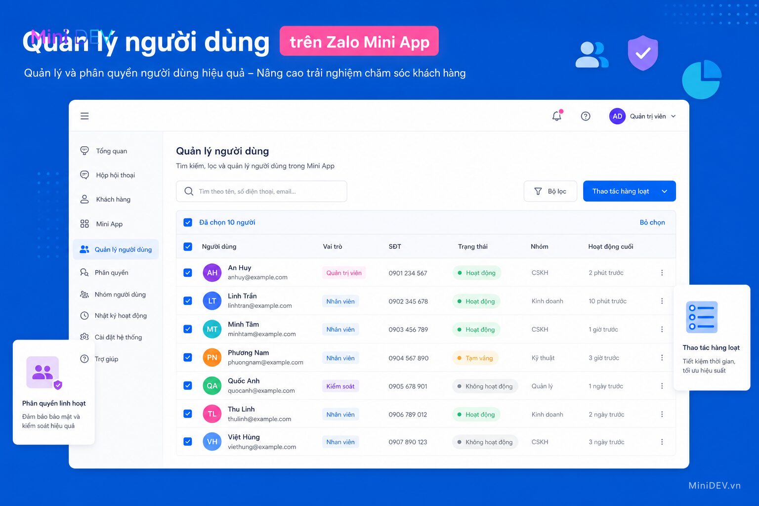 Thao tác hàng loạt trong quản lý người dùng Zalo OA