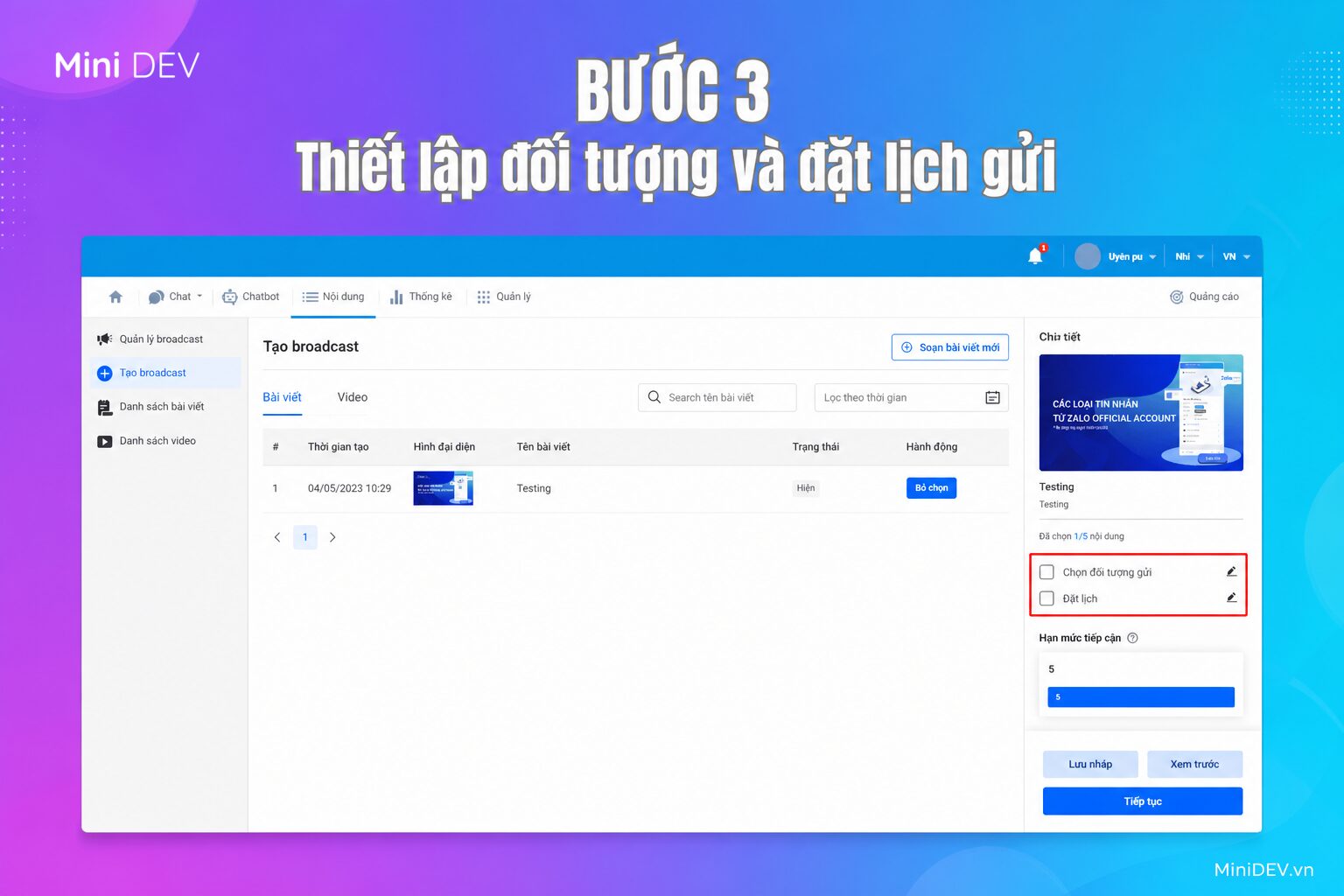 Thiết lập đối tượng và lịch gửi Broadcast Zalo