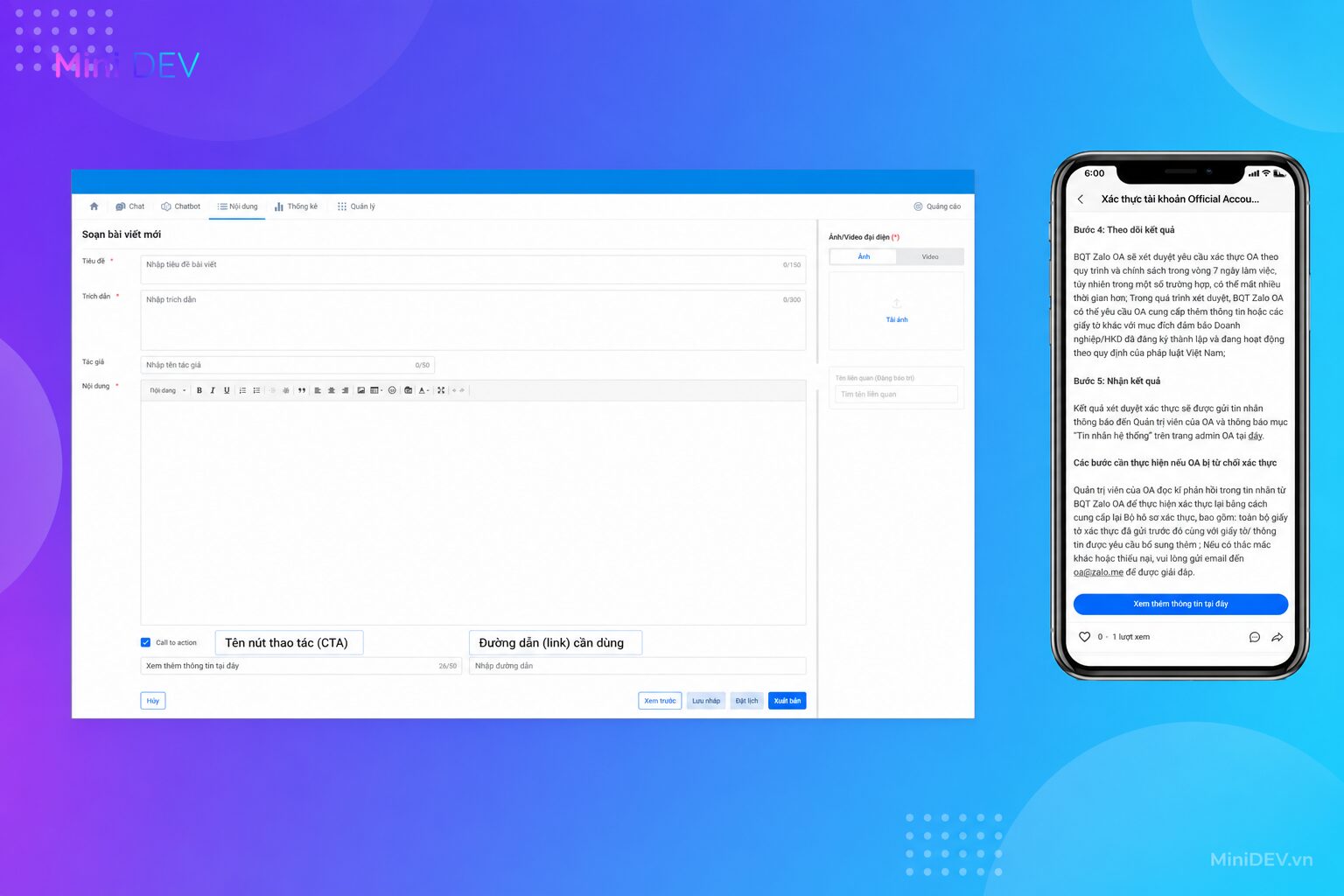 Thiết lập nút CTA và gắn link trong bài viết Zalo OA